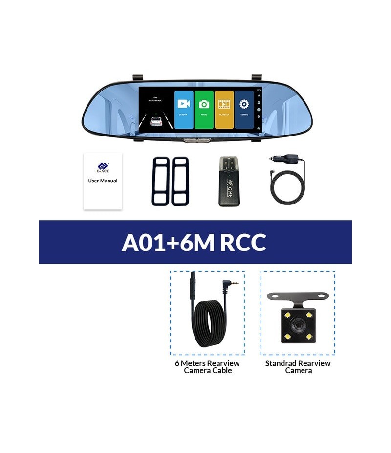 E ACE voiture DVR FHD 1080P 7.0 pouces enregistreur vidéo miroir caméra  double lentille avec caméra de vue arrière Auto enregist Nom de la couleur  A01-6M RCC SD carte mémoire With 8G